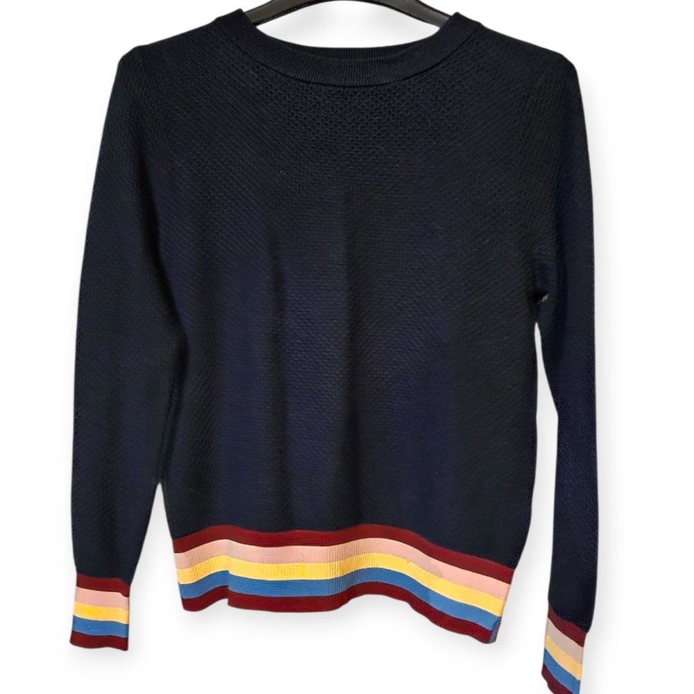 KULE Navy With Rainbow Syripe Cashmere Blend Knit Sweater
